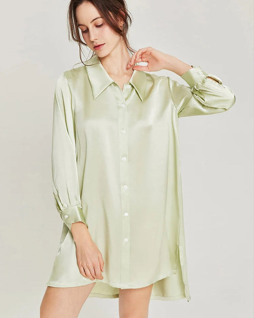 Mulberry Silk Turn-Down Collar Long Sleeve Shirt