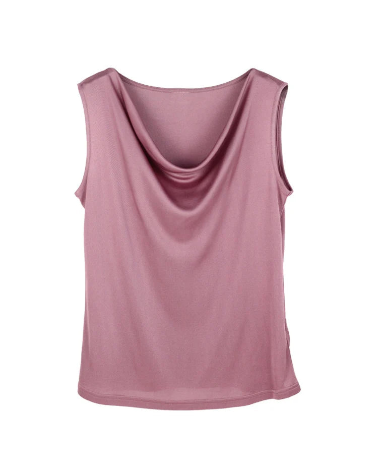 Silk-Viscose Draped Collar Sleeveless Tank Top