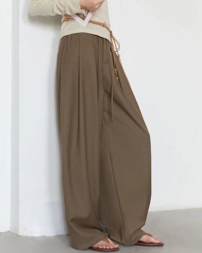 Drawstring Pleated Wide-Leg Suit Trousers
