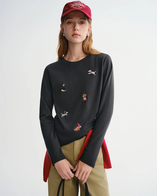 Puppy Embroidered Fleece-Lined Long Sleeve Tee