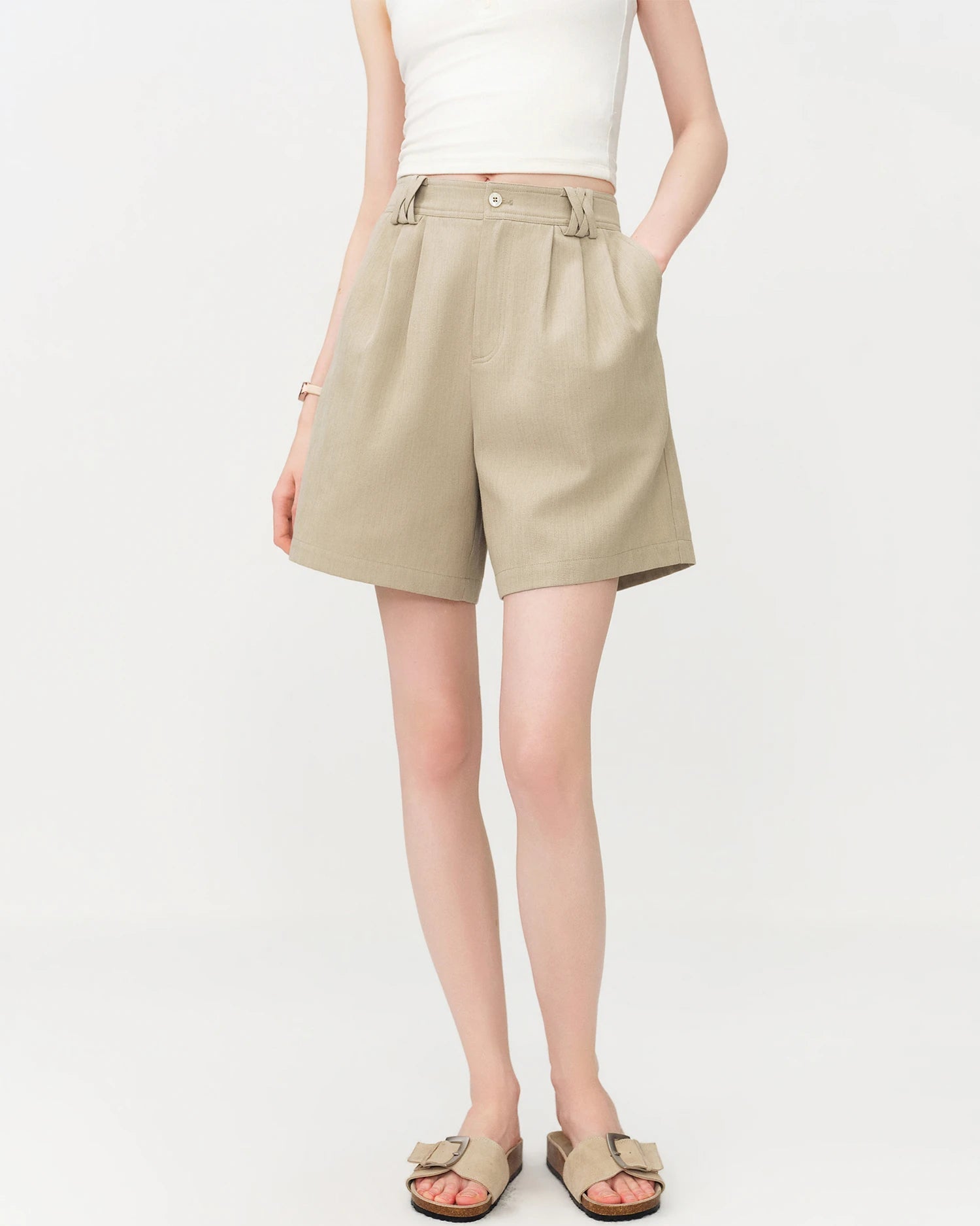 Linen-cotton blend high waist straight shorts for women. Breathable, relaxed fit.
