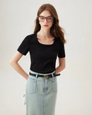 Soft Stretchy Square-Neck Knit T-Shirt