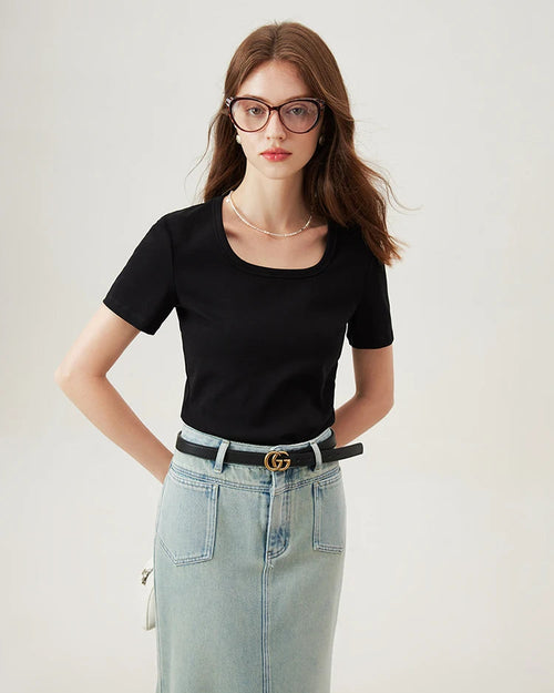Soft Stretchy Square-Neck Knit T-Shirt