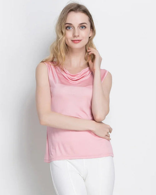 Silk-Viscose Draped Collar Sleeveless Tank Top