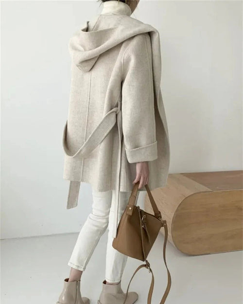 Hooded Wool Blend Wrap Coat