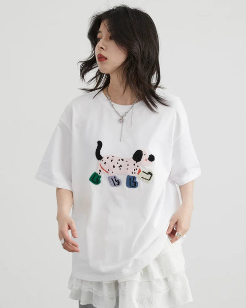 Puppy Embroidery Loose Cotton T-Shirt