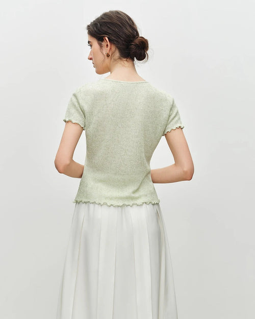 Beaded V-Neck Tie-Front Knit T-Shirt