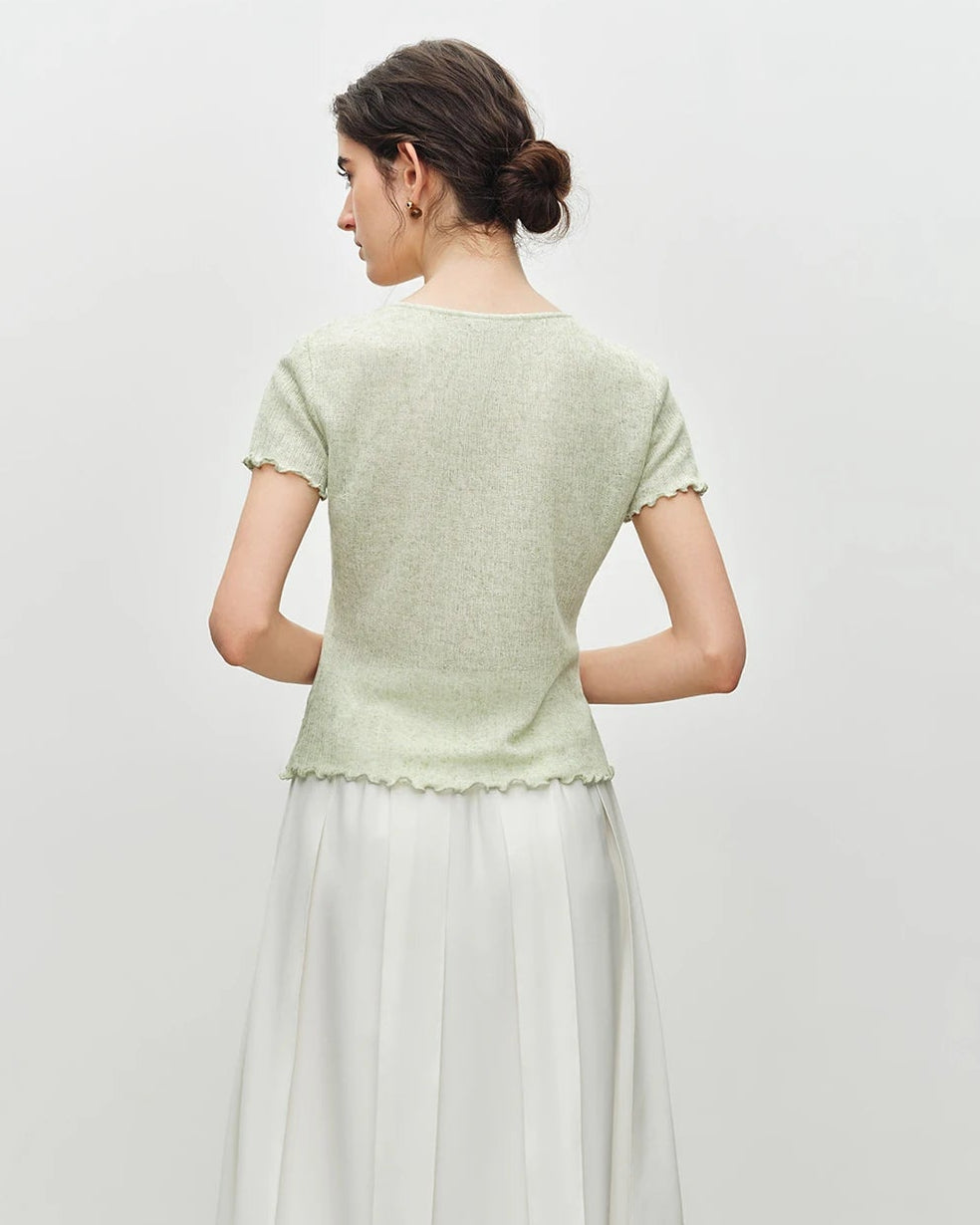 Beaded V-Neck Tie-Front Knit T-Shirt