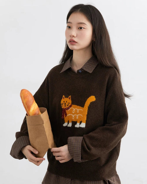 Cartoon Cat Appliqué Knit Sweater