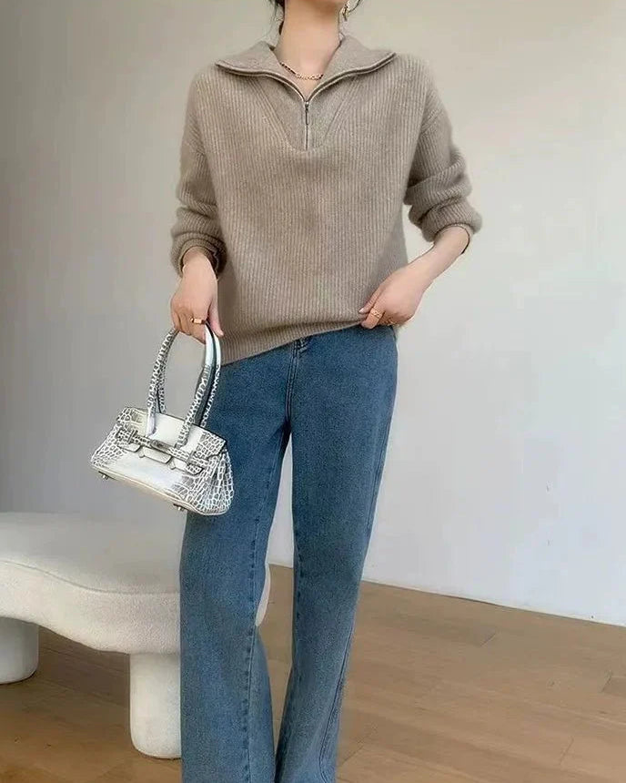 Gentle Herd Lapel Zipper Cashmere Pullover