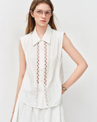 Lace-Trimmed V-Neck Cotton Shirt