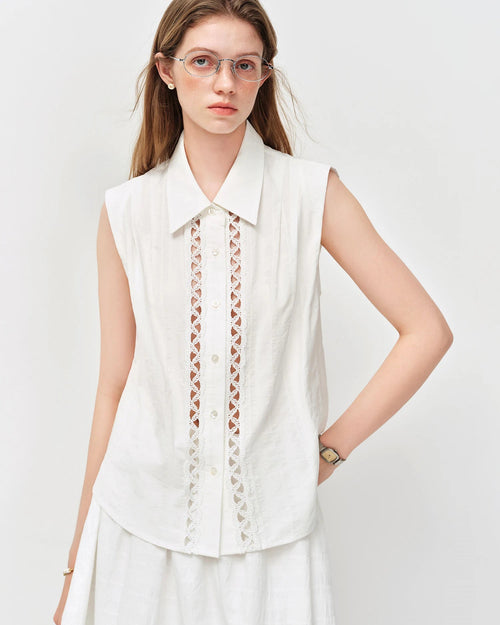 Premium white lace-trimmed V-neck cotton shirt crafted for a slim fit, offering refined feminine detailing and versatile comfort for your smart-casual needs or daily activities.