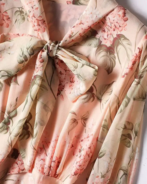Floral Print Chiffon Bow Neck Long Sleeve Dress