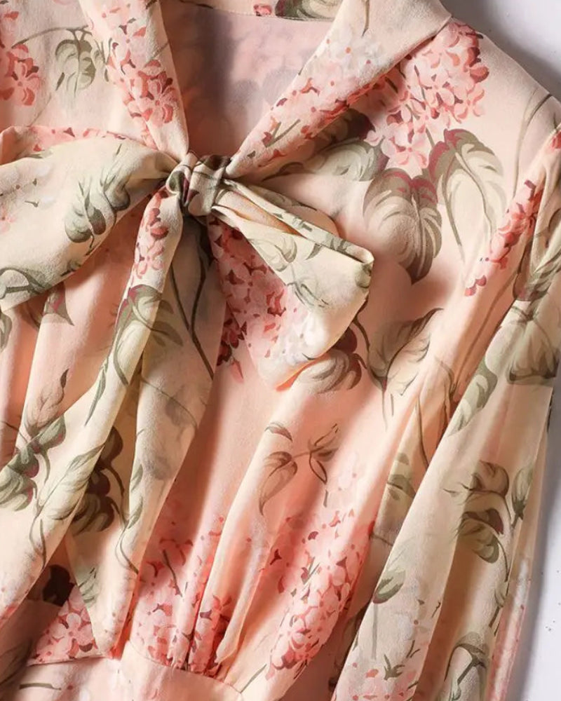 Floral Print Chiffon Bow Neck Long Sleeve Dress