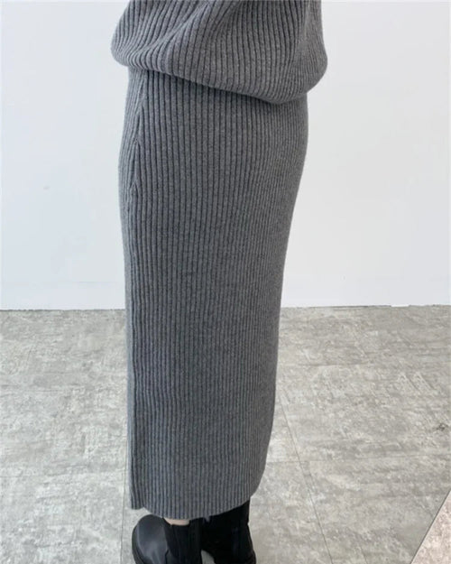 Ribbed Knited Round-Neck Sweater & Midi Skirt Set