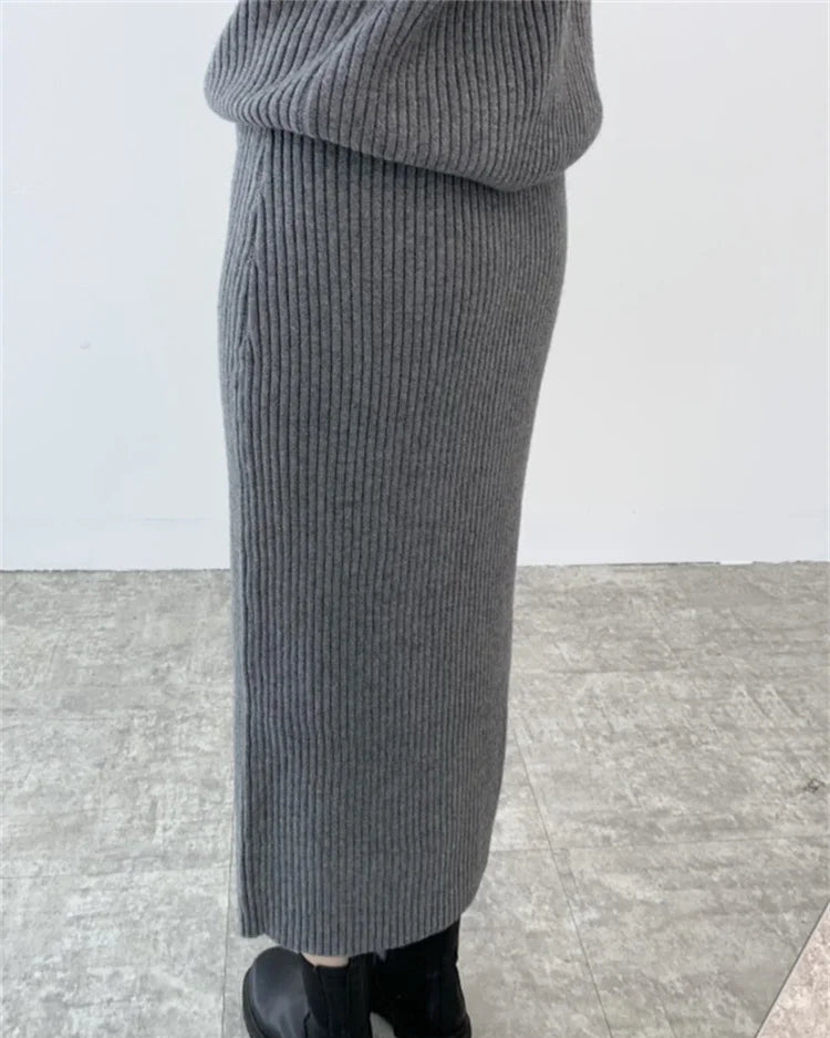 Ribbed Knited Round-Neck Sweater & Midi Skirt Set