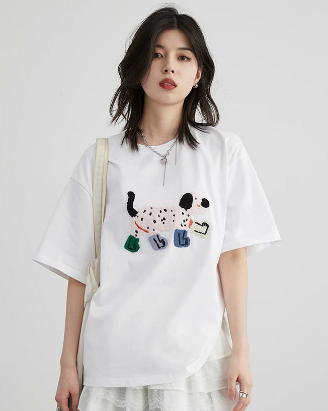 Puppy Embroidery Loose Cotton T-Shirt