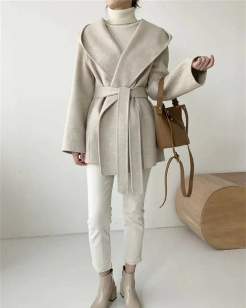 Hooded Wool Blend Wrap Coat