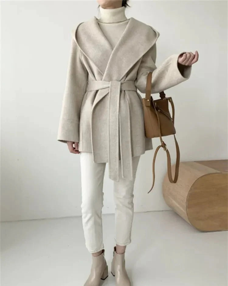 Hooded Wool Blend Wrap Coat