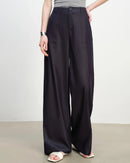 Women's deep blue mid-rise straight-leg wide-leg pants, featuring breathable polyester-viscose blend and button fly for effortless evening outings or weekend getaways.