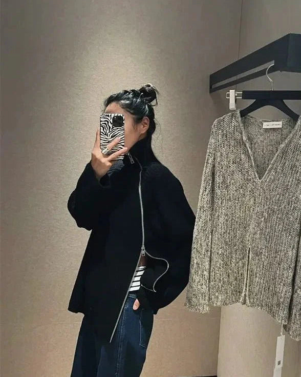 Oversized Irregular Zipper High Neck Cashmere Sweater