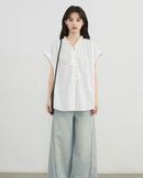 Loose V-Neck Ruffled Pure Cotton Shirt