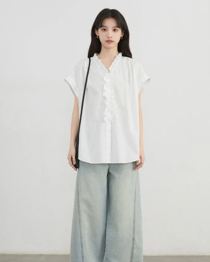 Loose V-Neck Ruffled Pure Cotton Shirt