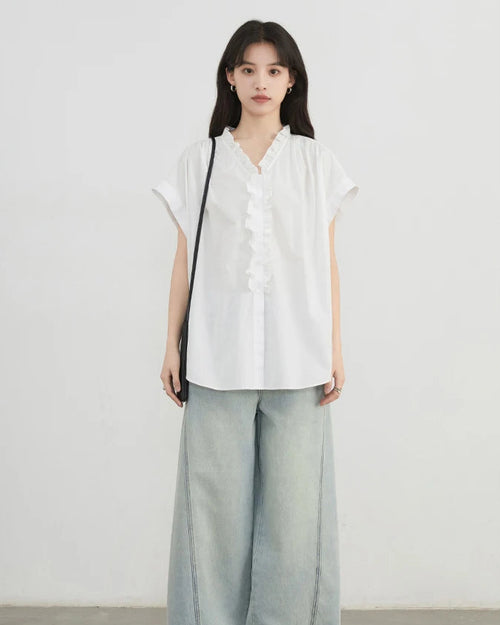 Loose V-Neck Ruffled Pure Cotton Shirt