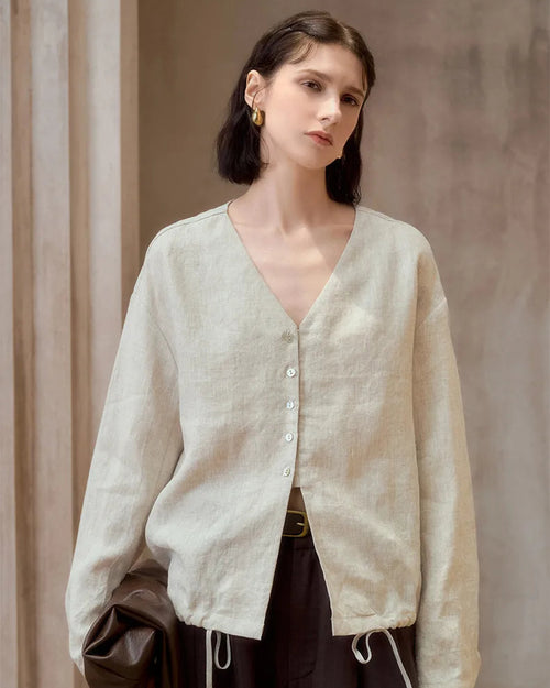 Linen V-Neck Button-Up Longline Shirt