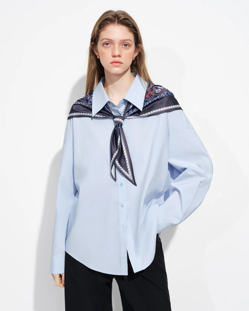 Premium long-sleeve stand collar shirt crafted with a coordinating silk scarf, offering a blend of comfort and luxury for your lounging needs or daily activities.