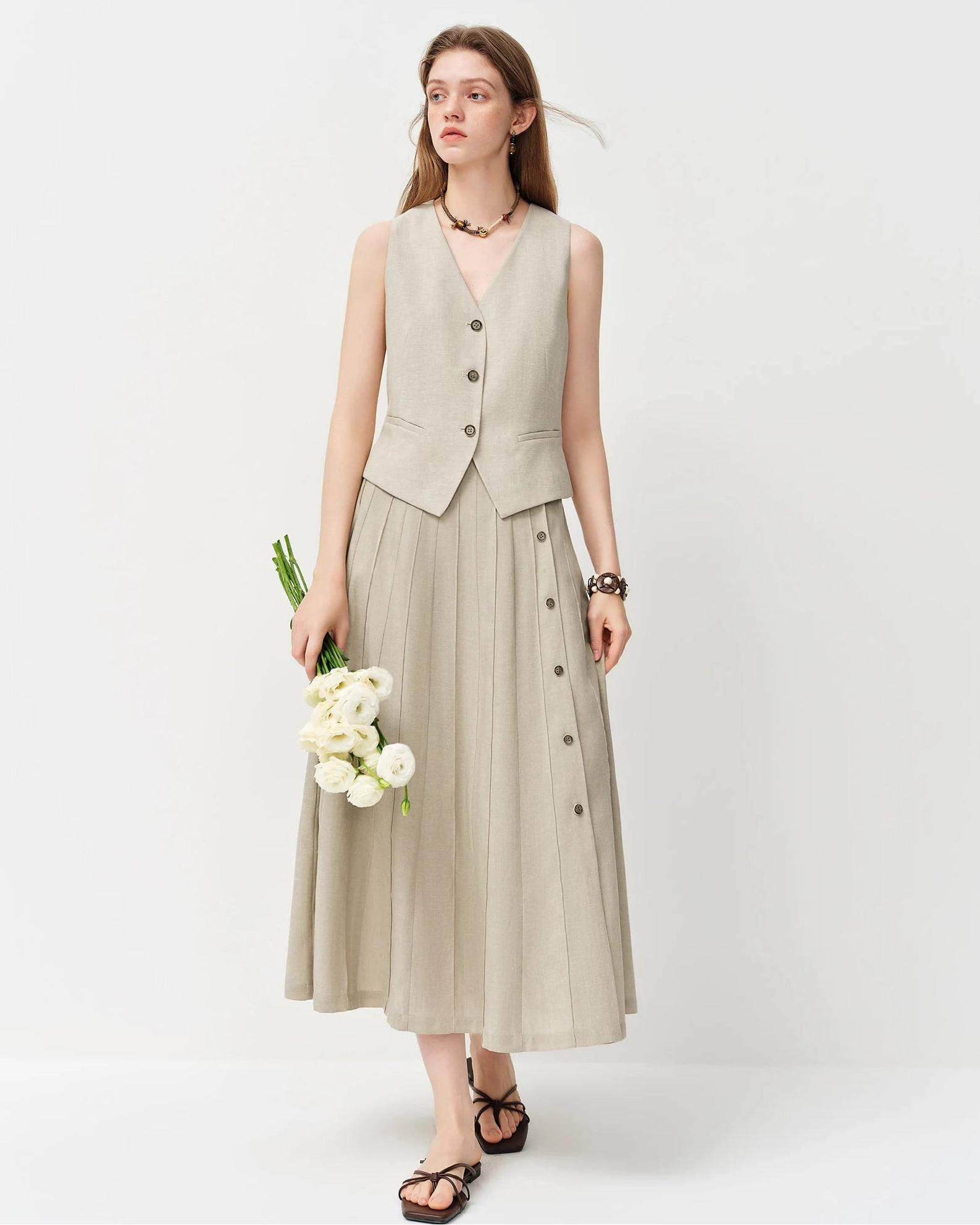 Loose-Fitting Woven Solid Color A-Line Long Skirt