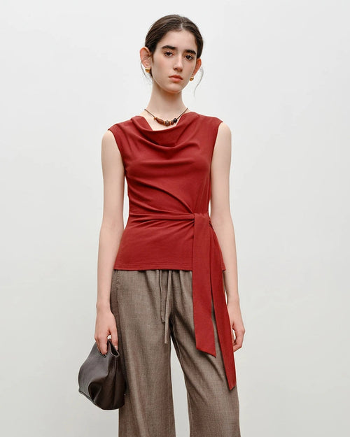 Pleated V-Neck Sleeveless Knit T-Shirt