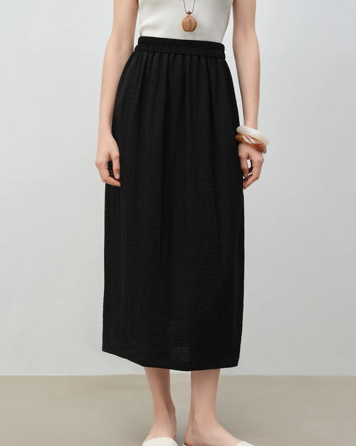 Women's linen blend stretch waist A-line skirt, featuring breathable viscose-nylon-linen fabric and elastic waist for summer weekend outings or city to resort ease.