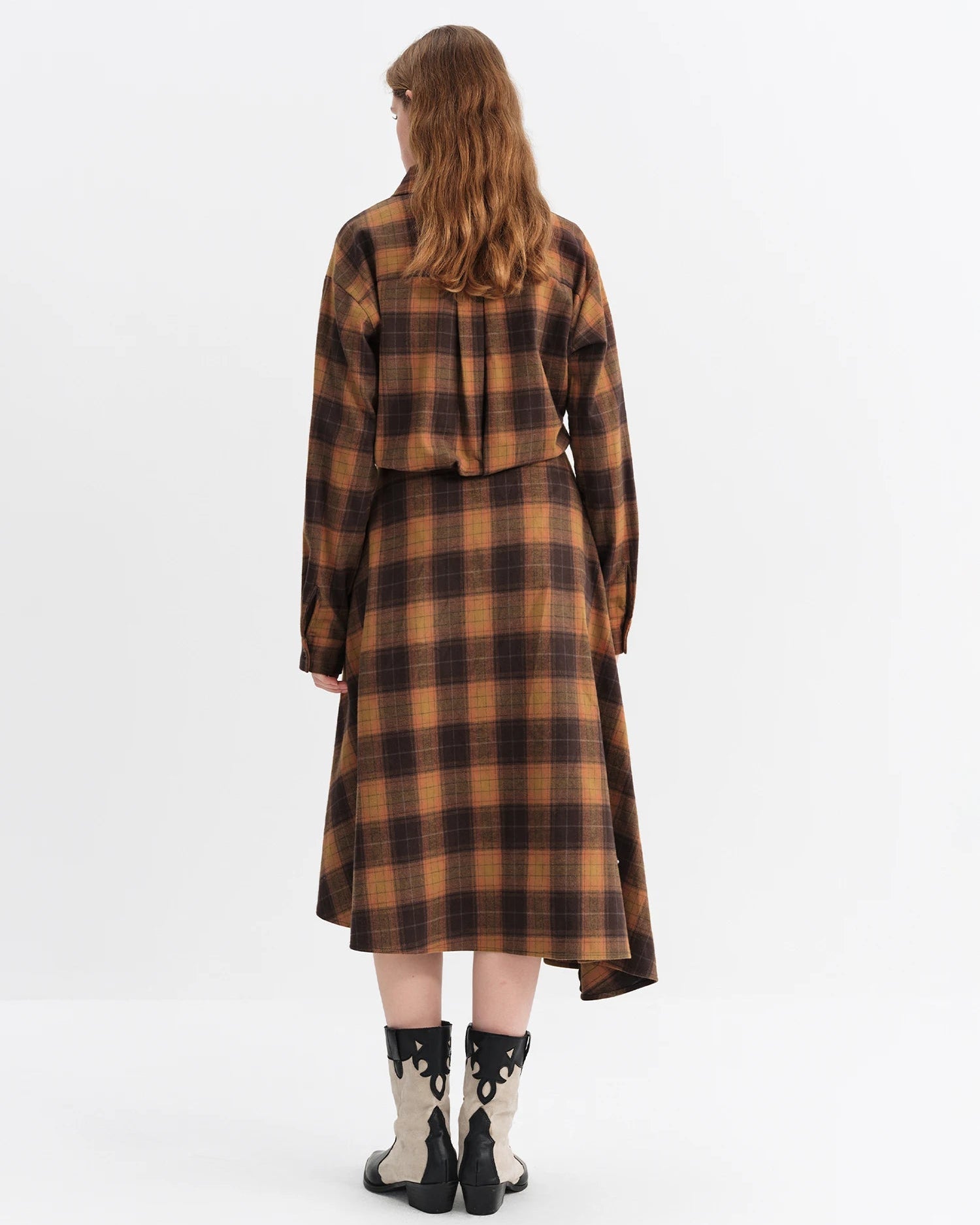 Brushed Plaid Asymmetric Hem Shirt Dress