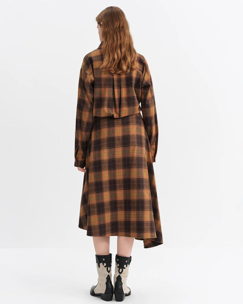 Brushed Plaid Asymmetric Hem Shirt Dress