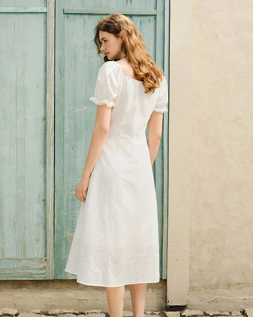 Embroidered Lace Collar Puff Sleeve White Dress