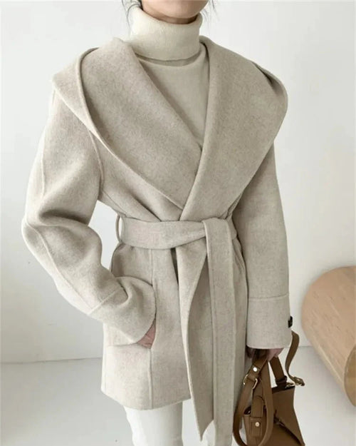 Hooded Wool Blend Wrap Coat