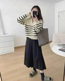 Half Zipper Striped Pure Cashmere Pullover