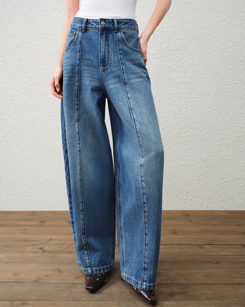 Premium 100% cotton high-waisted straight-leg curved jeans in light wash blue, featuring a flattering arc-shaped cut and button fly, perfect for clean spring summer casual wear.