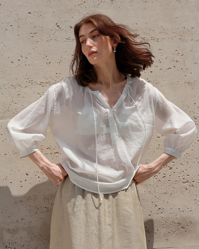Ramie Lyocell V-Neck Drawstring Blouse