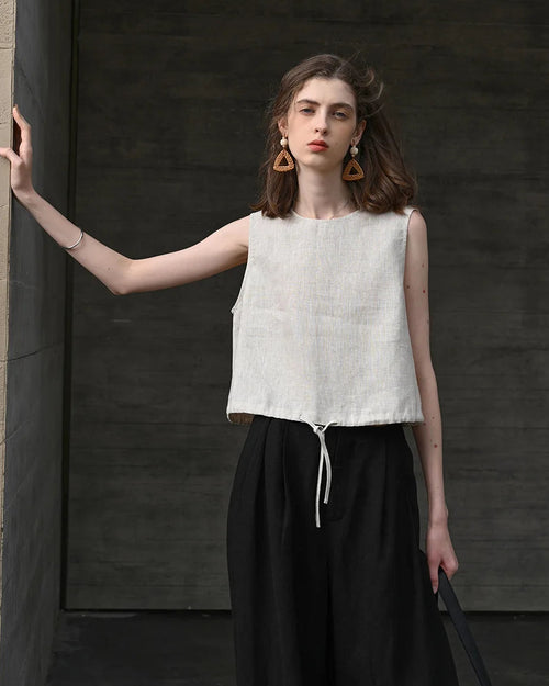 Linen Drawstring Crew Neck Cropped Vest