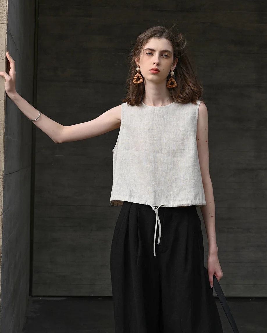 Linen Drawstring Crew Neck Cropped Vest