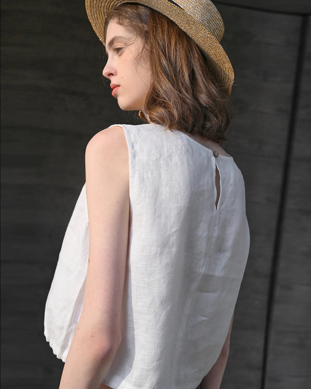 Linen Drawstring Crew Neck Cropped Vest
