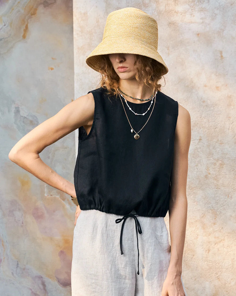 Linen Drawstring Crew Neck Cropped Vest