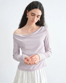 Lace-Trimmed Asymmetrical Neckline Knit T-Shirt