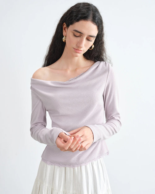 Lace-Trimmed Asymmetrical Neckline Knit T-Shirt