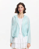 Lightweight Tencel-blend hooded jacket with floral texture, drawstring hem, and elastic cuffs. 
