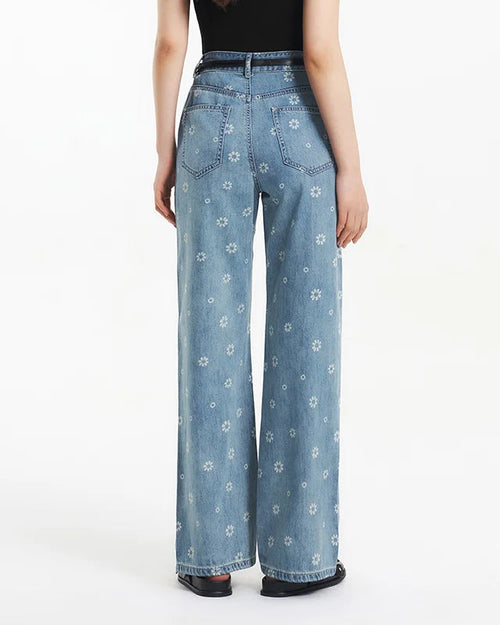 Floral Cotton Wide-Leg Denim Trousers
