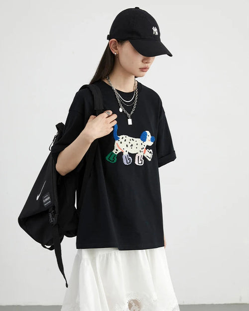 Puppy Embroidery Loose Cotton T-Shirt