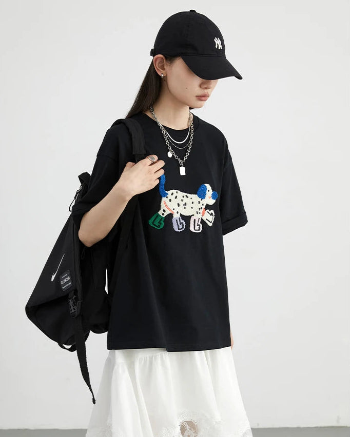 Puppy Embroidery Loose Cotton T-Shirt
